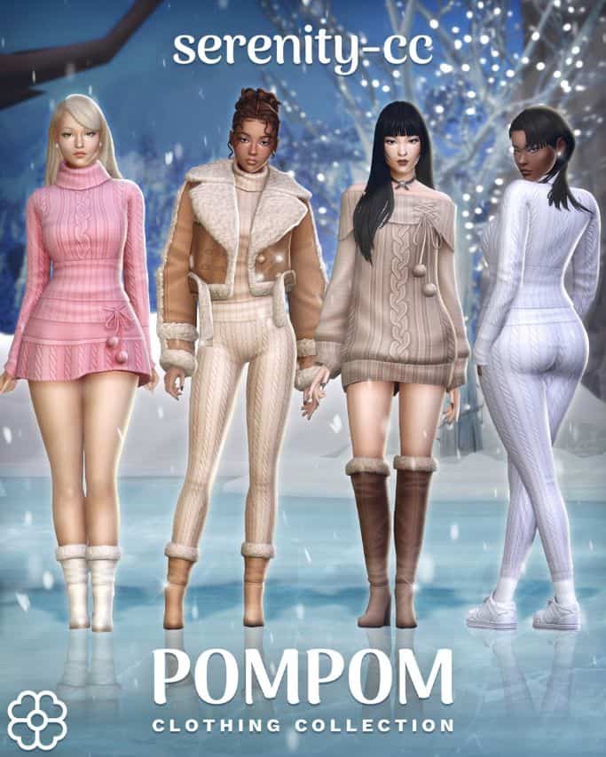 female sims wearing knit clothing pieces, some with pompoms