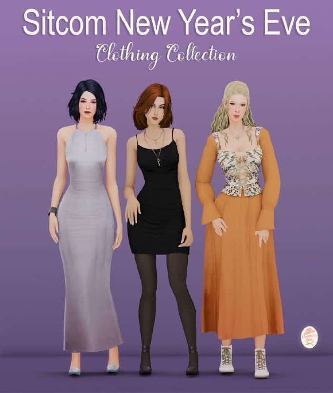 female Sims wearing Friends inspired New Year's Eve dresses