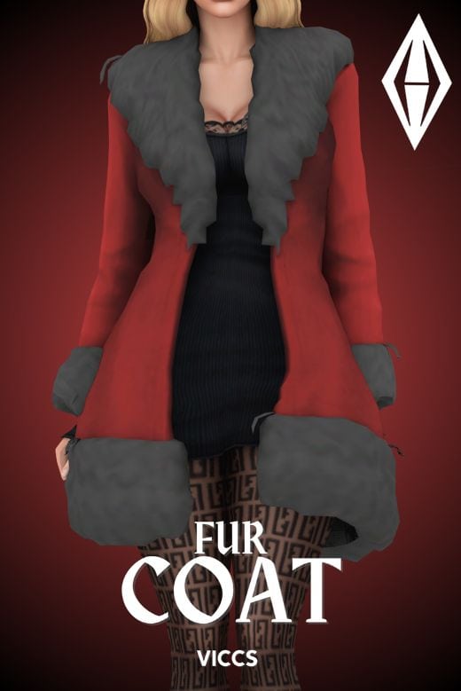 sim wearing a red coat with charcoal fur trim