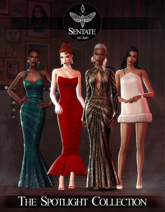 four female sims wearing different evening dresses