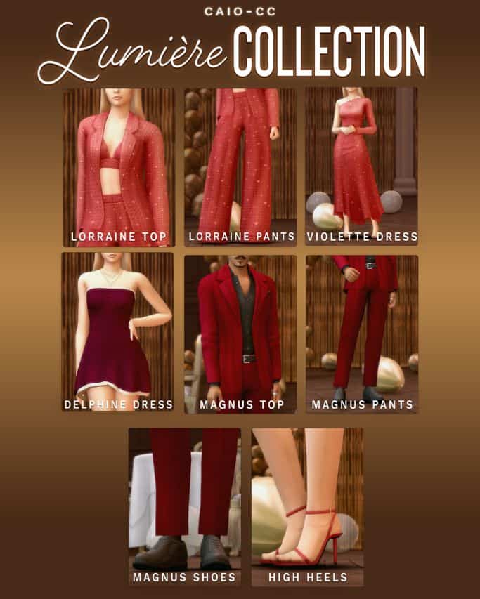 collage of mixed clothing and shoes for male and female sims