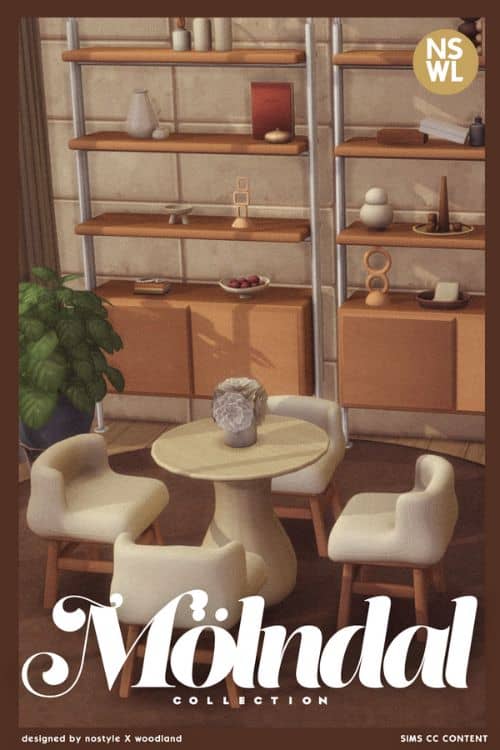 small, modern dining table and chairs with shelving the background