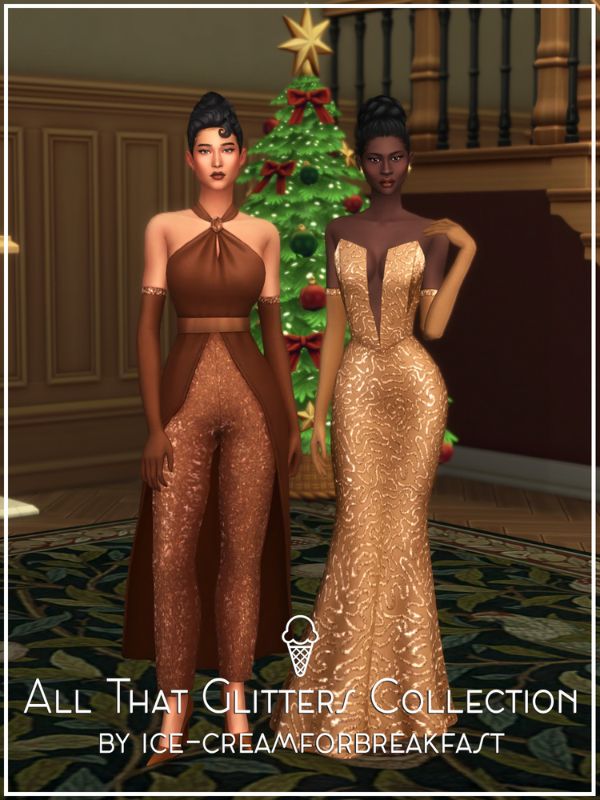 female sims dressed in glittery, chic outfits