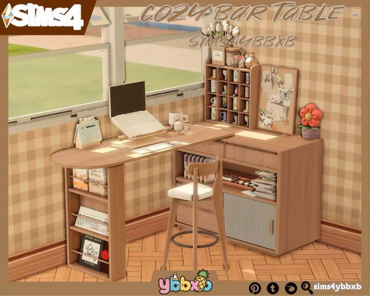 a beige, wooden corner table set up for work