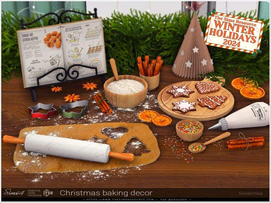 a wooden counter filled with Christmas baking decor pieces