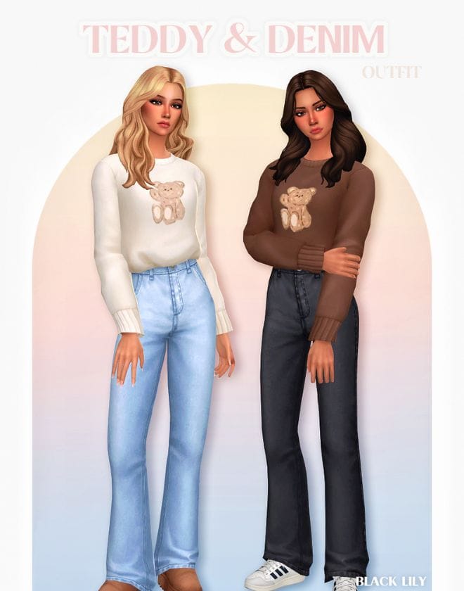two female sims wearing sweaters with a teddy bear image and jeans