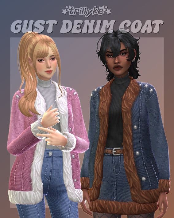 female sims wearing denim jackets with faux-fur trim and turtlenecks underneath