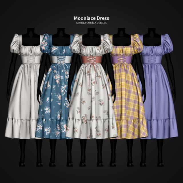 five swatches of cottagecore style dress cinched at the waist