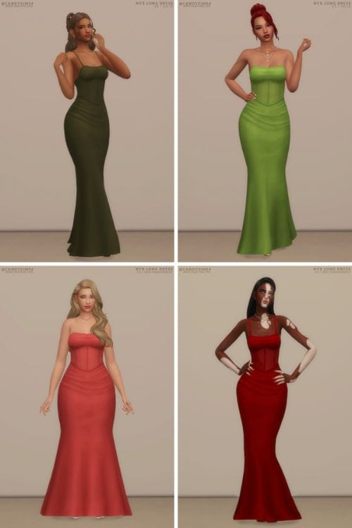 female sims wearing classy evening dresses in different colors