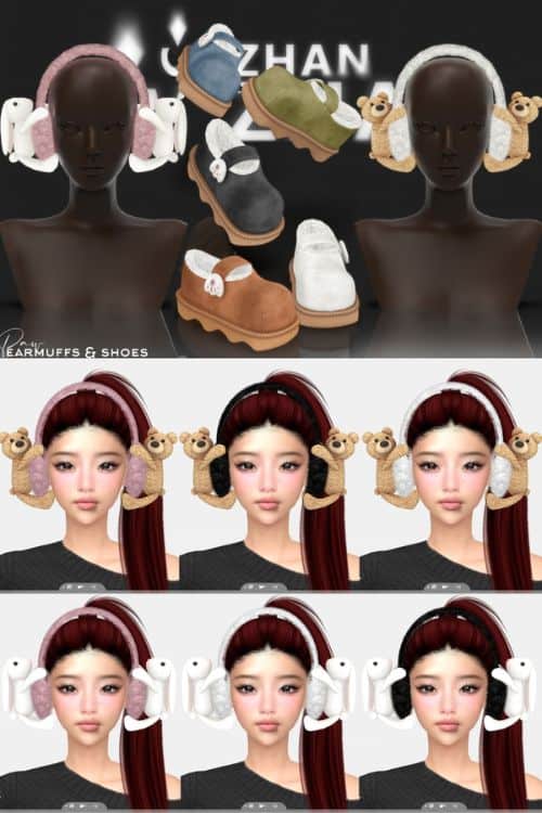 collage of platform shoes and sims wearing earmuffs