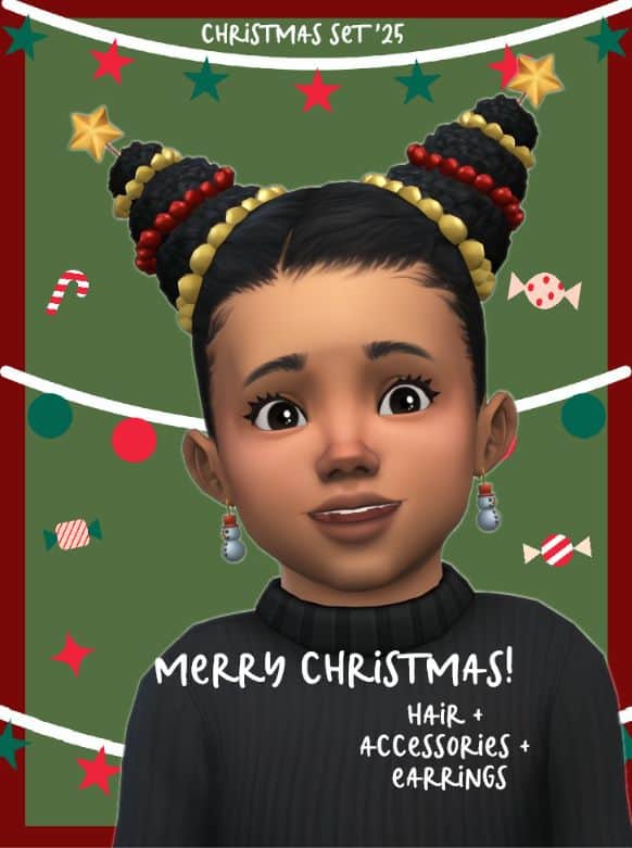 toddler with Christmas tree shaped hair, with accessories and earrings