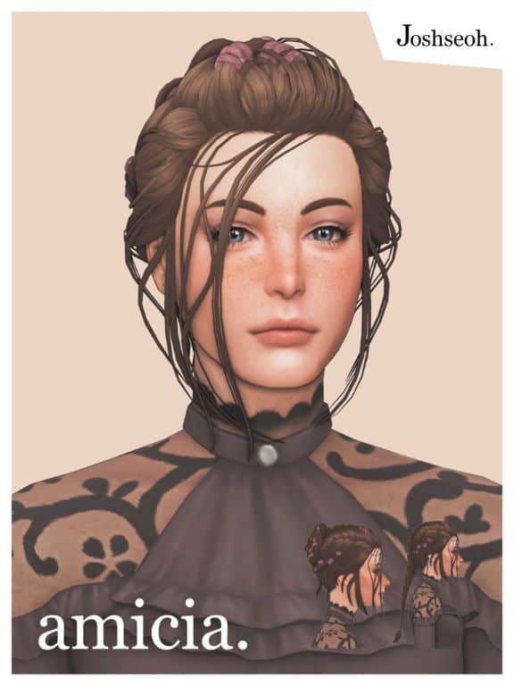 female sim with a braided hairstyle with loose face framing strands