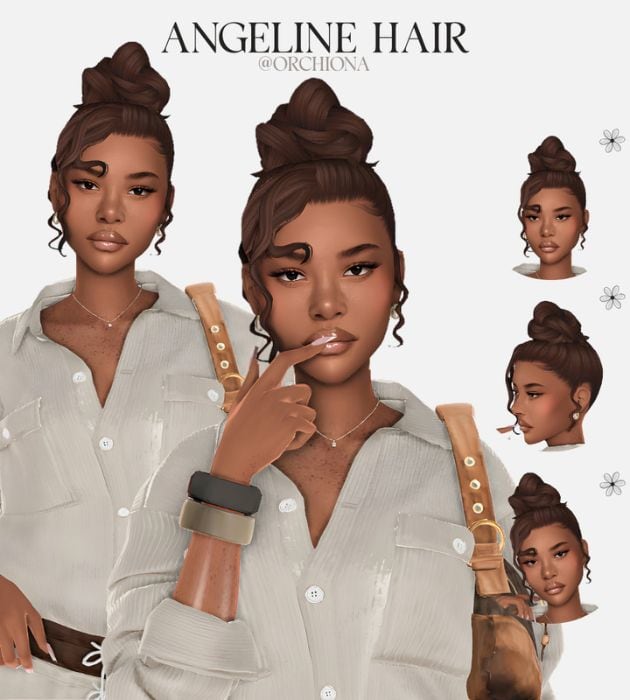 female sim with a twisted high bun