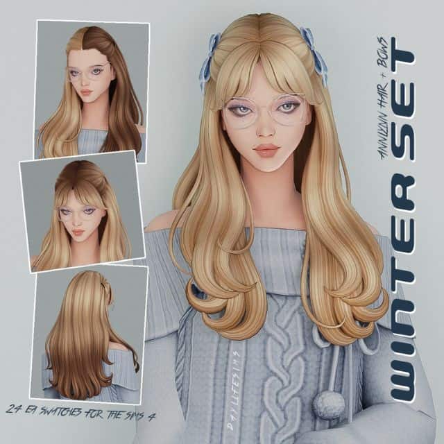 blond female sim with loose hair partially pinned to the sides with bows