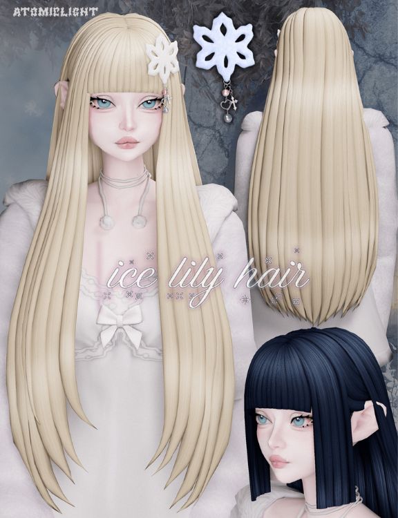 female sim with long straight hair and blunt bangs