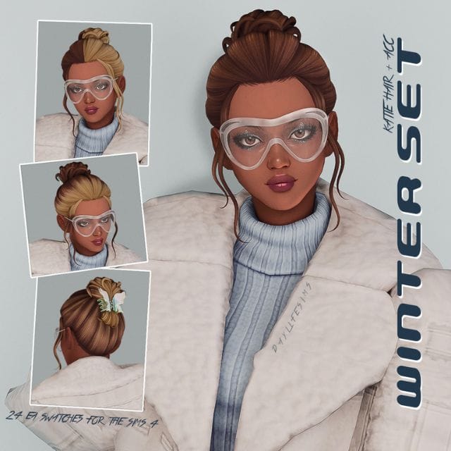 female sim with hair up in a claw clip