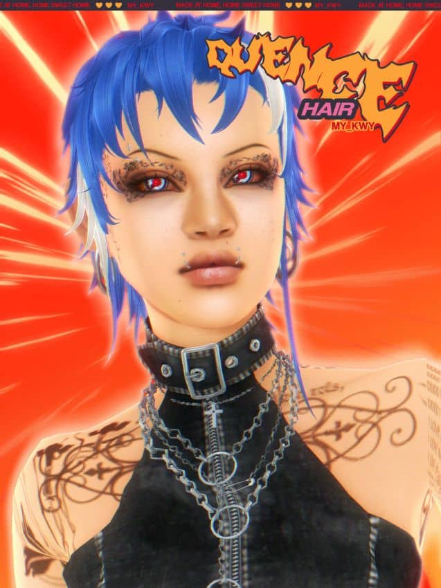 female sim with short, layered, blue hair