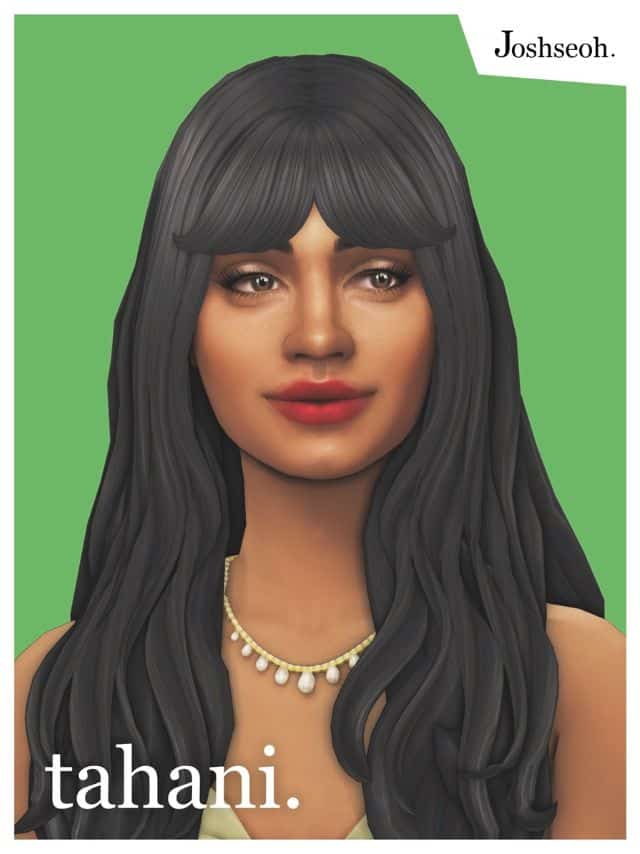 female sim with long, black hair with short curtain bangs