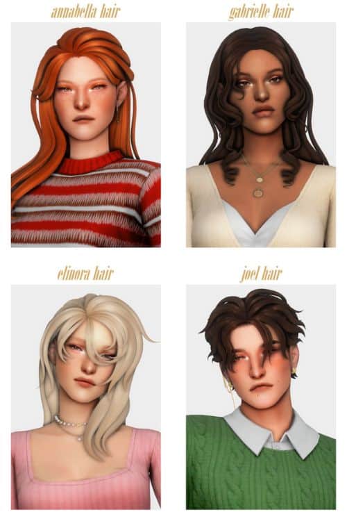 collage of four sims with different hairstyles