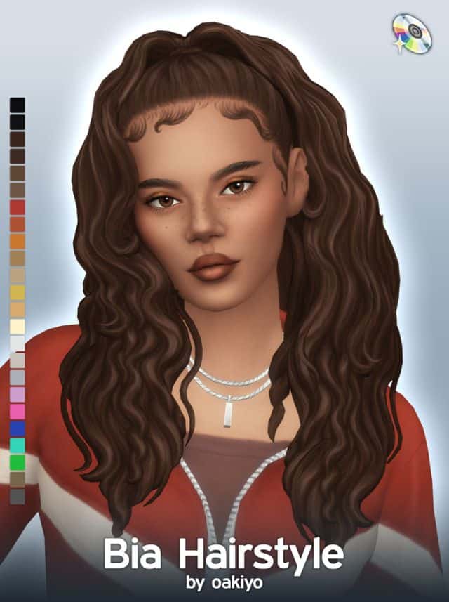 female sim with a high curly ponytail and baby hairs