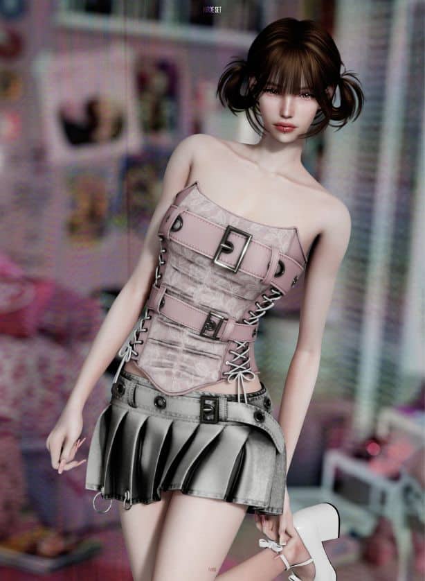 female sim wearing a strapless top and pleated mini skirts with buckles