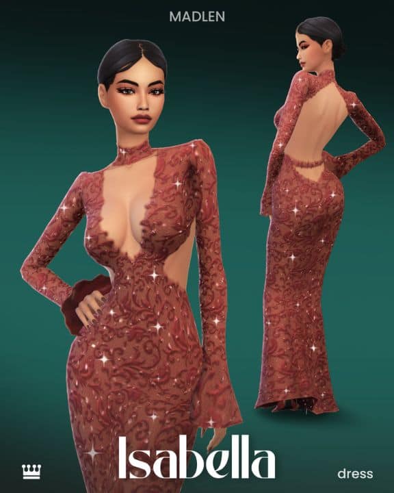 female sim wearing a sparkly lace dress