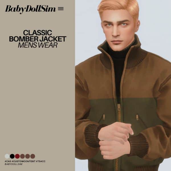 male sim wearing a classic bomber jacket