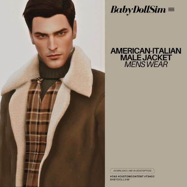 a male sim wearing a brown jacket with a sherpa lining