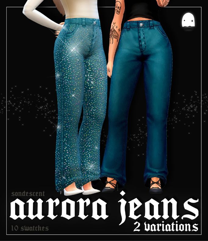 close up of two pairs of blue jeans, one with glitter