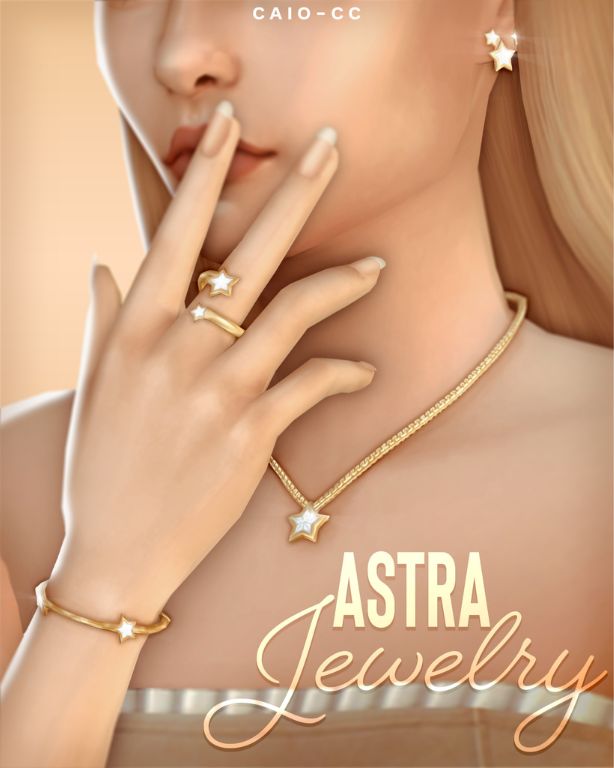 female sim wearing gold, star-inspired jewelry pieces
