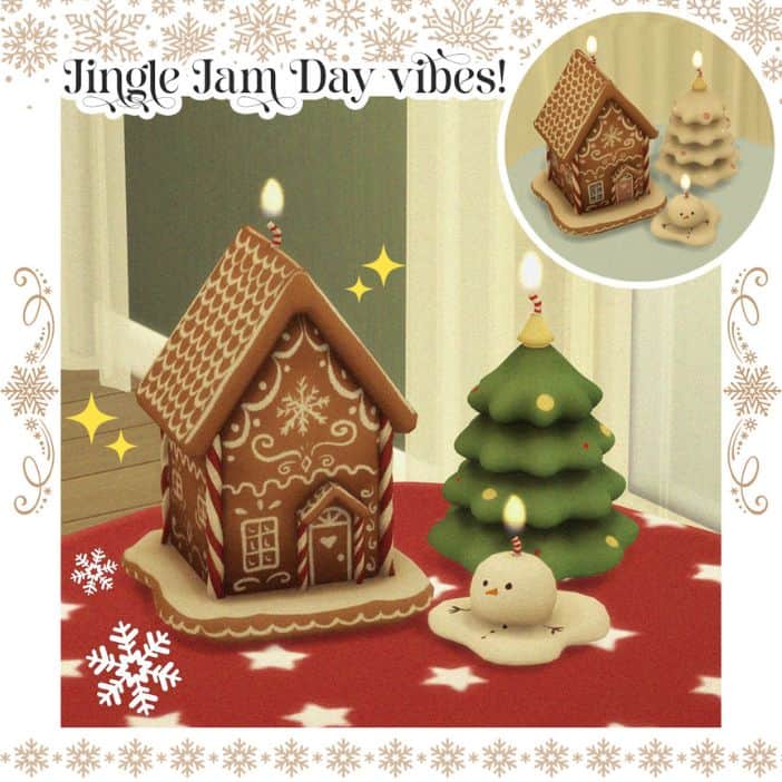 a gingerbread house, snowman candle and tree candle