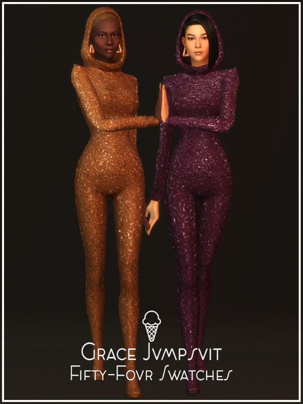 female sims wearing sequins jumpsuits with hoods
