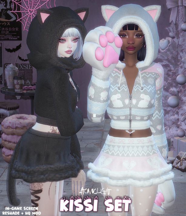 female sims wearing hoodie with cat ears and mini skirts with tails