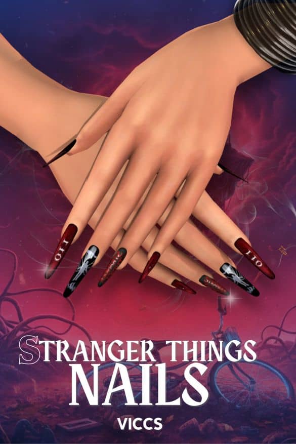 close up of long Stranger Things inspired nails