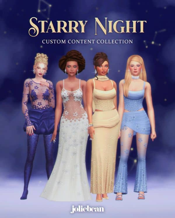 four female wearing stylish star-themed evening clothes