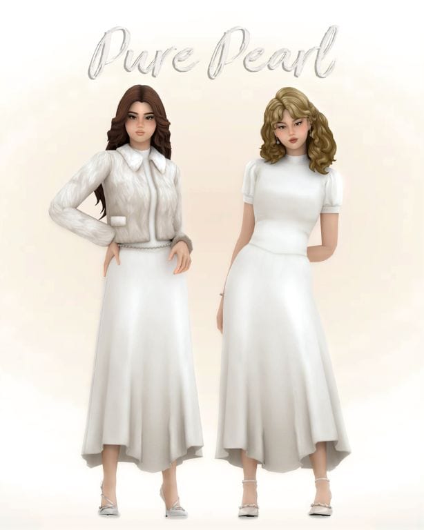 female sims wearing chic white dresses with matching jewelry