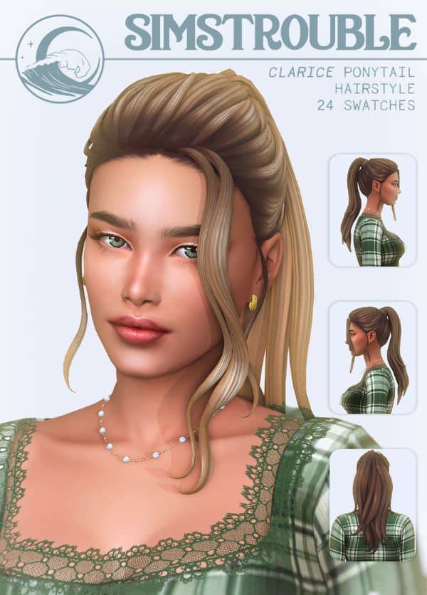 female sim with a high ponytail and face framing strands at the front