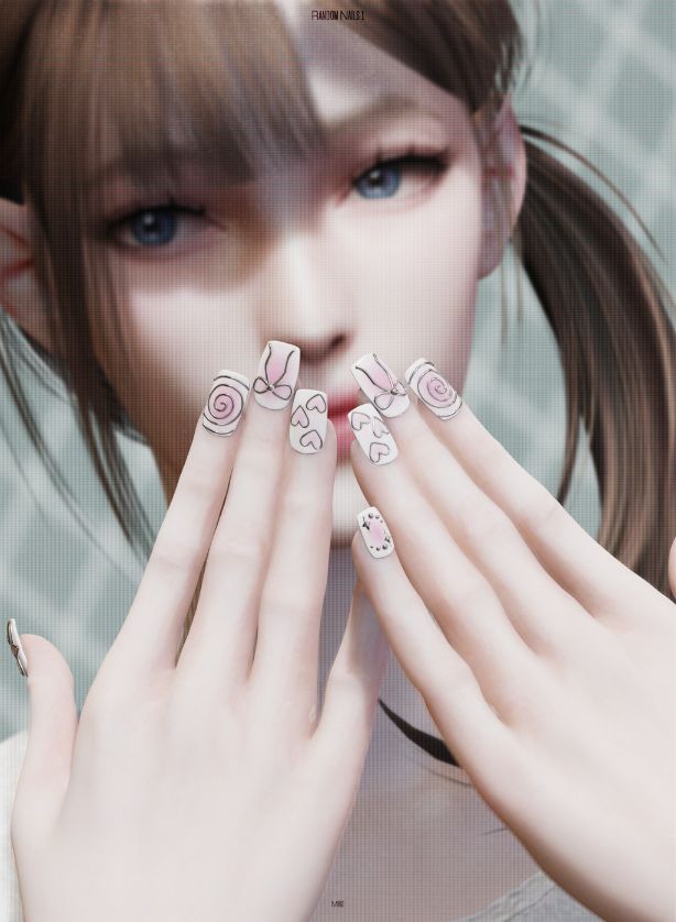 close up of square shaped nails with cute nail designs