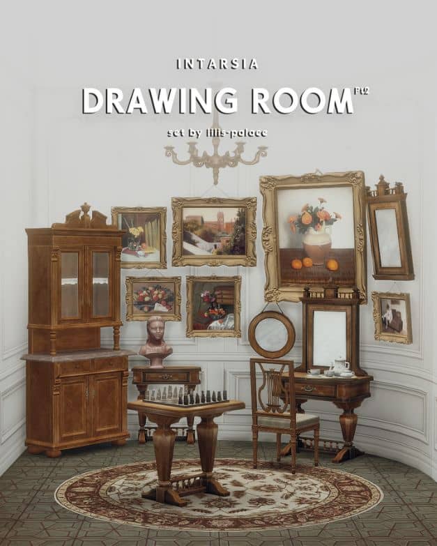 a drawing room filled with wooden furniture pieces and paintings