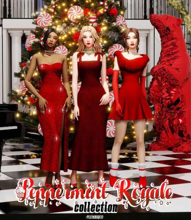 female sims wearing dressy red holiday dresses