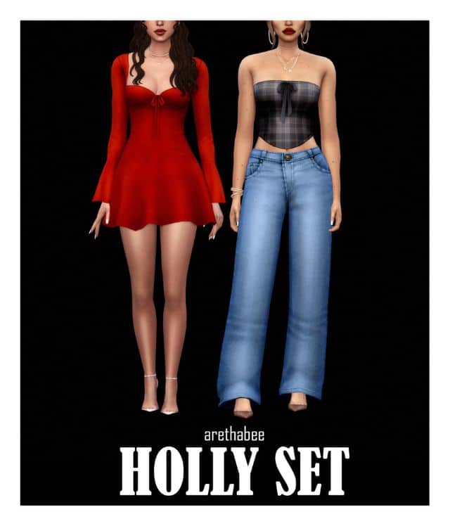 female sims wearing a red dress and another in jeans and a strapless top