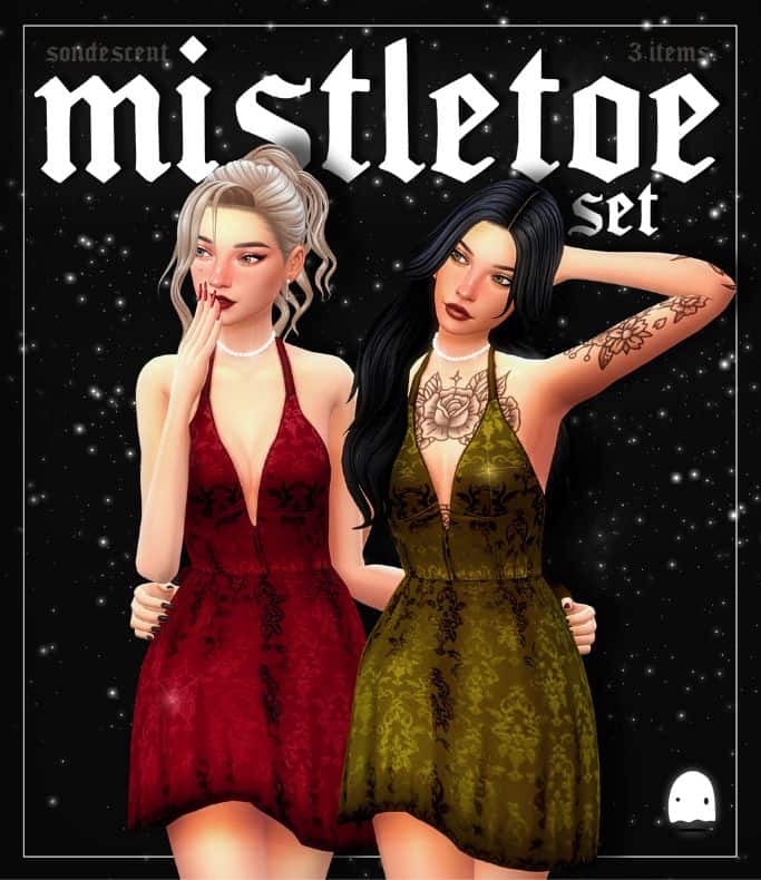 female sims wearing mini dresses, pearl necklaces and bow earrings