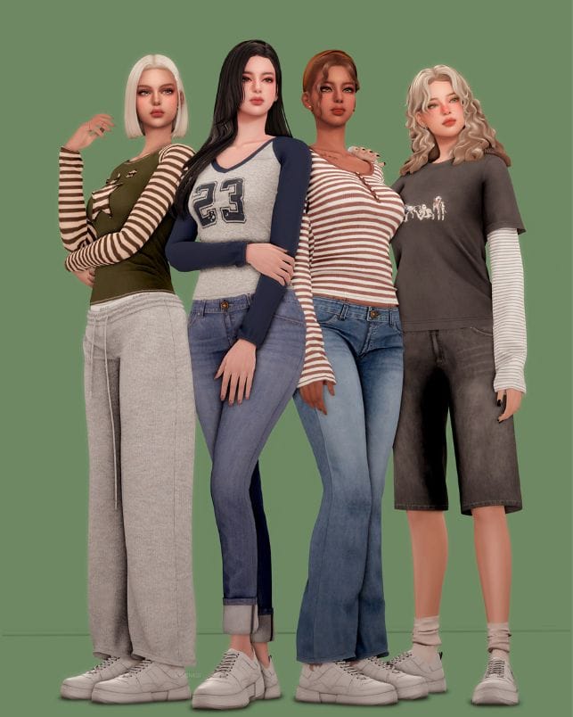 female sims wearing long sleeve T-shirts and layered tees