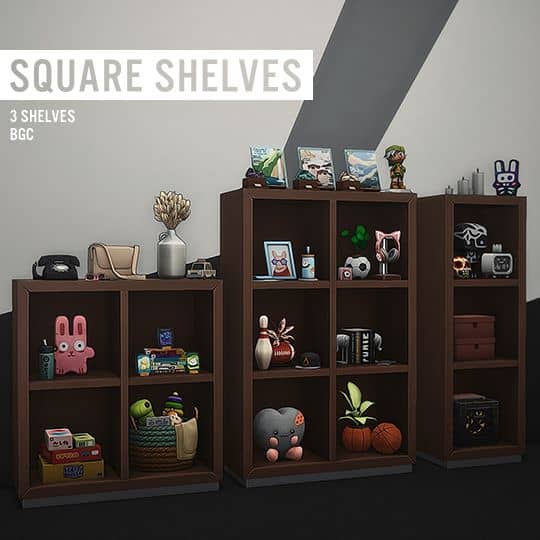 three different square wooden shelving units