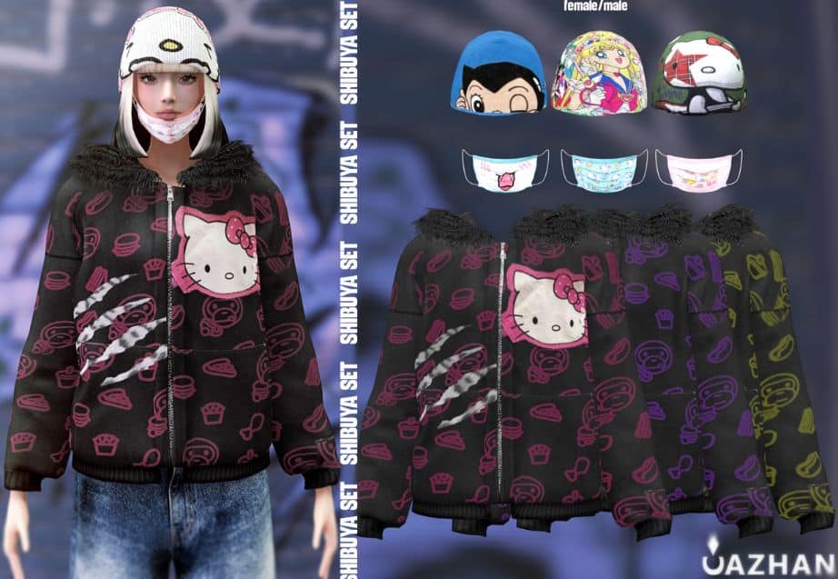 sim wearing a Hello Kitty zippered sweater, hat and mask