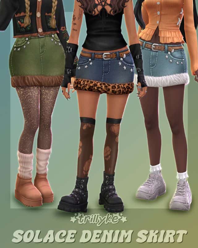 close up of Sims wearing short denim skirts