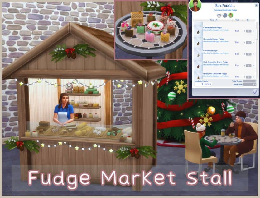 a sim standing inside a fudge market stall