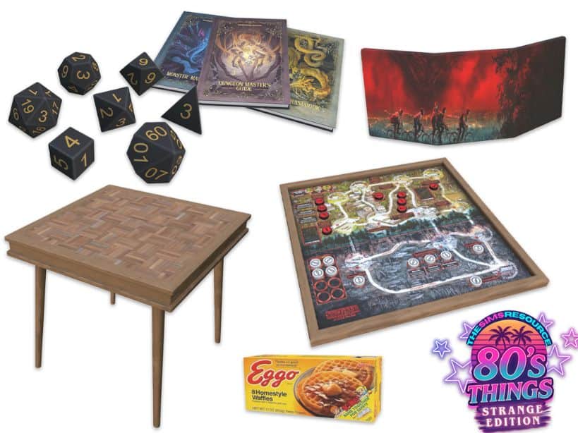 collage of 80s and Stranger Things inspired gaming items and Eggos