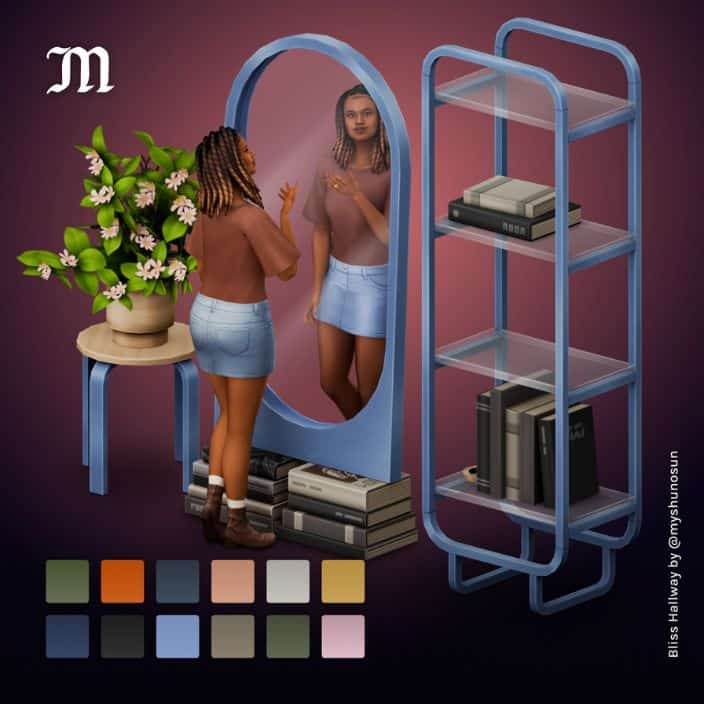 female sim standing in front of a large mirror