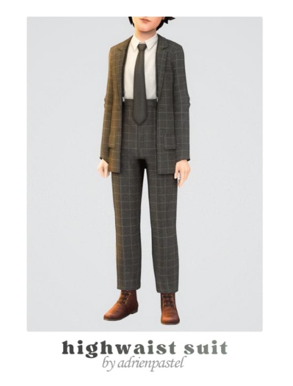child sim wearing a dark grey, high wasted suit